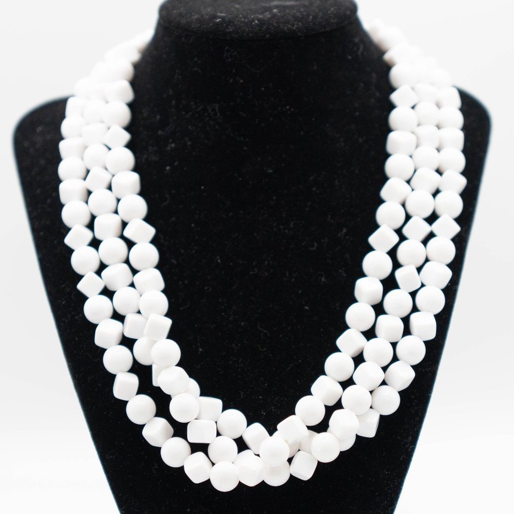 Vintage White Beaded Necklace Mult-layer- Lucite Bobble Beads- Round and Square